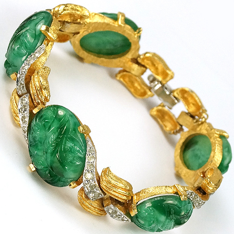 Jomaz (unsigned) Gold and Pave Waves Jade Ovals Link Bracelet