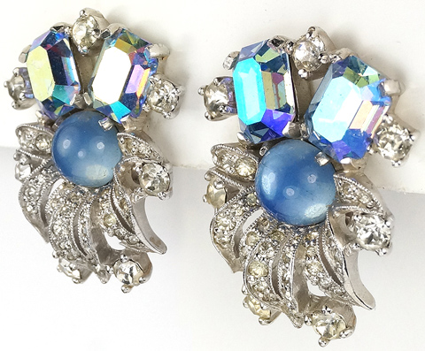 Jomaz Pave Leaves Blue Moonstone and Aurora Borealis Floral Clip Earrings