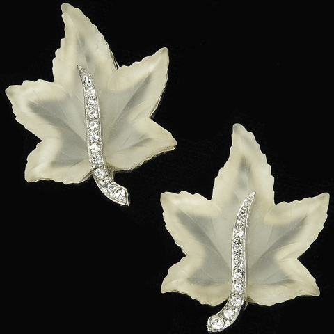 Jomaz Pave and Poured Glass White Ivy Leaf Clip Earrings