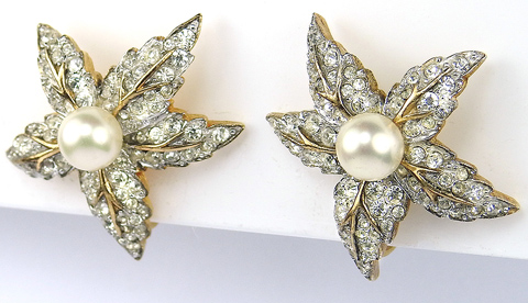 Jomaz Gold Pave and Pearls Five Pointed Star Leaf Clip Earrings