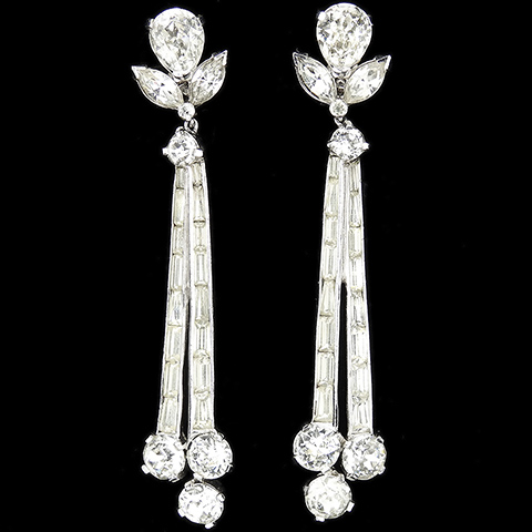 Jomaz Diamond Baguettes Double Shafts of Light Giant Pendant Clip Earrings