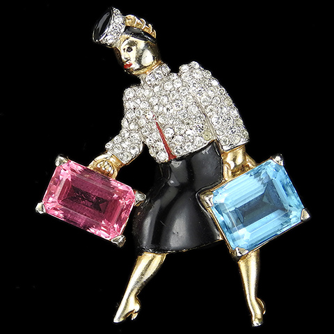 Jomaz Gold Pave and Enamel Lady in a Black Skirt with Blue and Pink Topaz Shopping Bags Pin