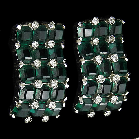 Jomaz Spangles and Invisibly Set Emerald Serpentine Rectangles Clip Earrings