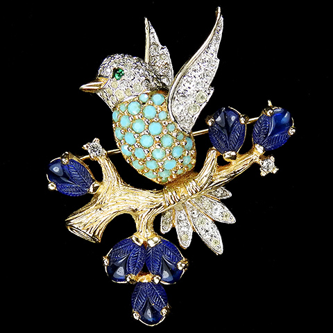 Jomaz Turquoise Breasted Love Bird on a Branch of Sapphire Fruit Salads Pin