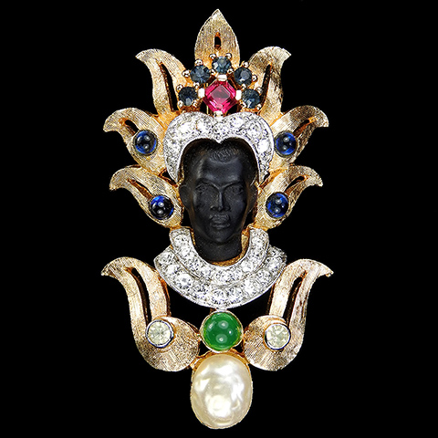 Jomaz Gold Pave Onyx Multicolour Cabcohons and Pearl Oriental Blackamoor King or Prince Pin