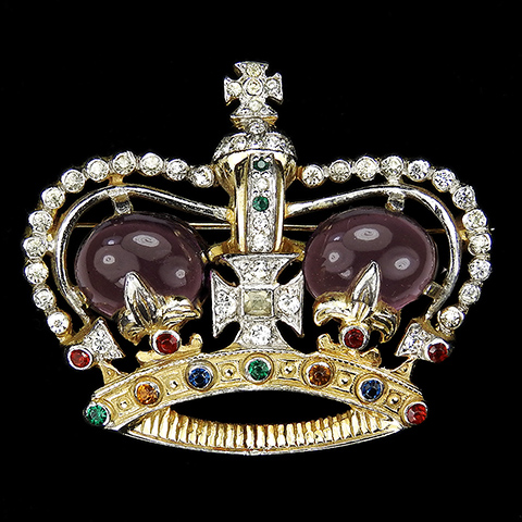 Mazer Gold Pave and Amethyst Cabochons Elizabeth II Coronation Royal Crown Pin