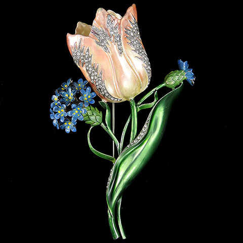 Mazer Pave and Metallic Enamel Giant Spangled Pink Tulip and Blue Thistles Floral Spray Pin