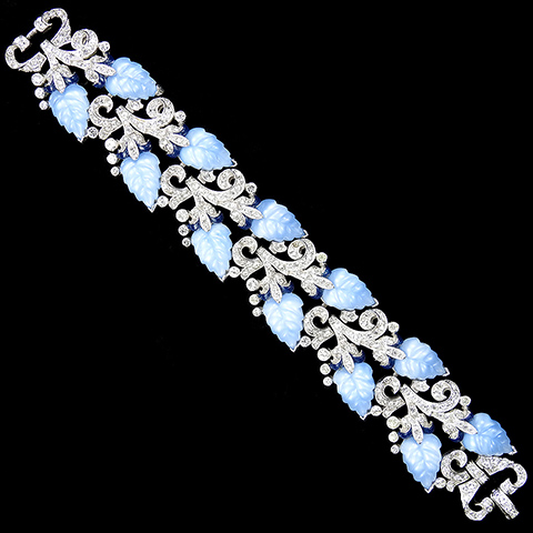 Mazer Pave Openwork Branches Dark Blue Enamel and Blue Moonstone Fruit Salad Leaves Wide Link Bracelet