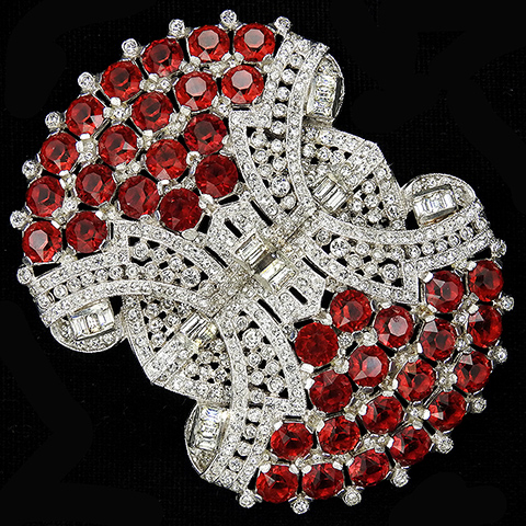 Mazer Pave Openwork and Ruby Chatons Giant Deco Double Shield Pin