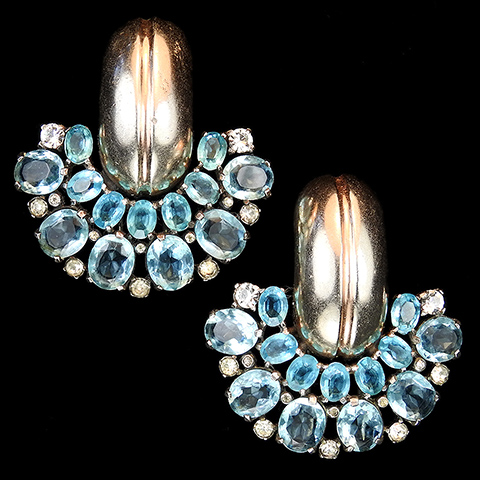 Mazer Sterling Gold and Spangled Oval Cut Aquamarines Pair of Deco Doorknocker Pin Clips