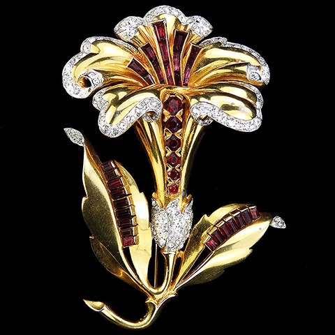 Mazer Gold Pave and Invisibly Set Rubies Openwork Lily Flower Pin