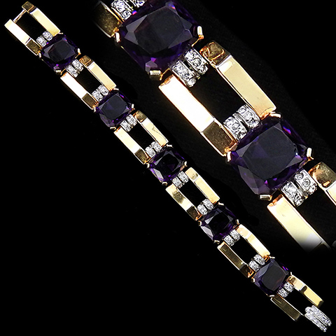 Mazer Gold Pave and Square Cut Amethysts Deco Link Bracelet