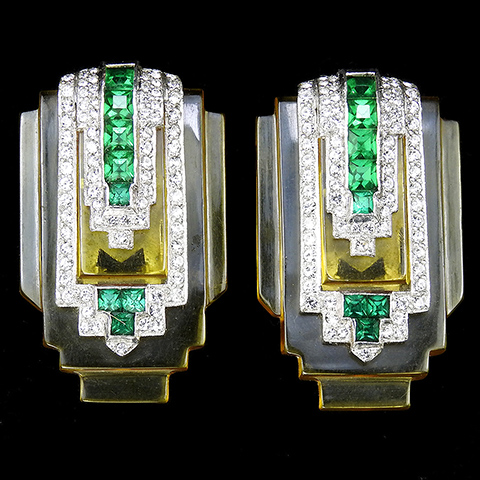 Mazer Deco Pave Invisibly Set Emeralds and Applejuice Bakelite Pair of Deco Shield Dress Clips