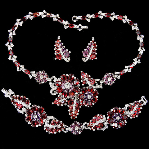Mazer Pave Ruby and Amethyst Leaves and Flowers Necklace Bracelet and Clip Earrings Set