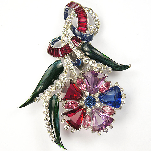Mazer Multicolour Stones Tapered Ruby Baguettes Swirl and Enamel Floral Spray Dress Clip