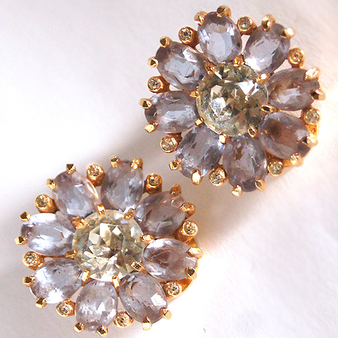 Mazer Gold and Pale Amethyst Flower Button Clip Earrings