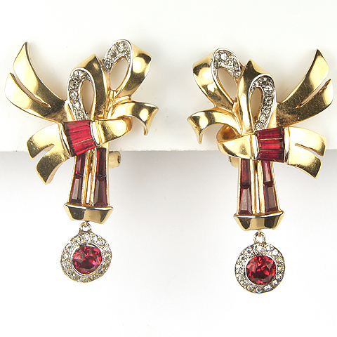 Mazer Gold and Invisibly Set Ruby Double Bow Pendant Clip Earrings