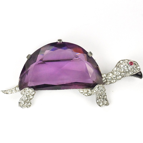 Mazer Pave Enamel and Giant Amethyst Demilune Turtle or Tortoise Pin