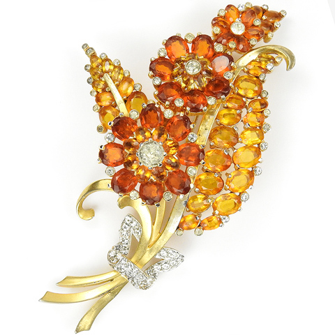 Mazer Gold Citrine and Topaz Triple Flowers and Leaves Floral Spray with Pave Bow Pin