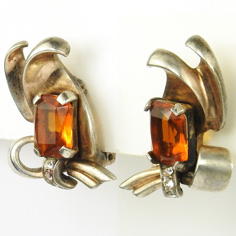 Mazer Sterling Topaz Golden Bow Swirl Clip Earrings