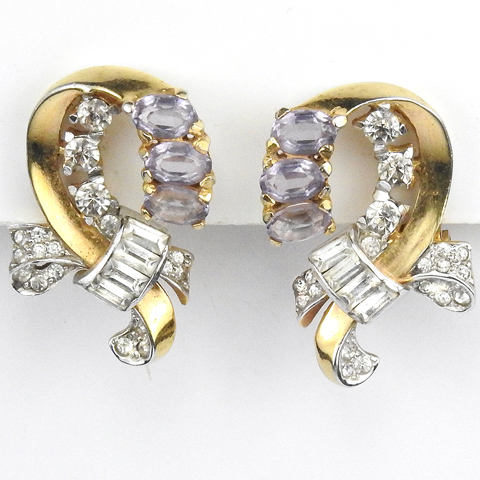 Mazer Gold Diamante Baguettes and Pale Amethyst Swirls Clip Earrings