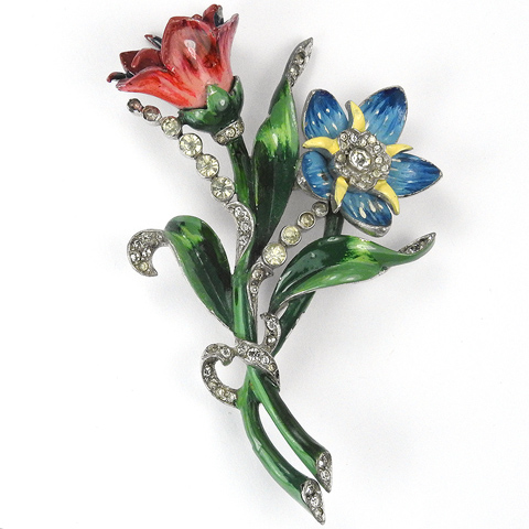 Mazer Pave and Enamel Double Pink and Blue Starflower Floral Spray Pin