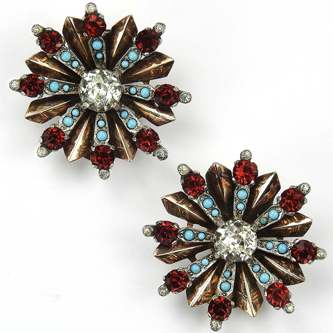 Mazer Sterling Ruby and Turquoise Starburst Clip Earrings