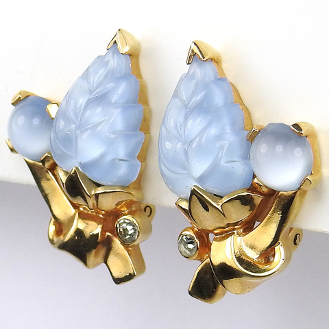 Mazer Blue Moonstone Fruit Salad Leaf and Cabochon Clip Earrings