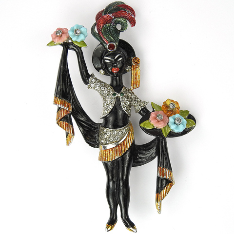 Mazer Gold Pave and Metallic Enamel Lady Blackamoor Flower Seller with Fruit Salad Flower Basket Pin