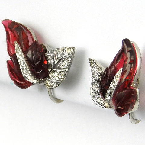 Mazer Pave Openwork Leaves and Ruby Fruit Salads Clip Earrings