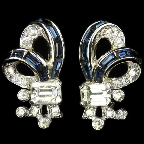 Mazer Pave and Invisibly Set Sapphire Bow Swirls Clip Earrings
