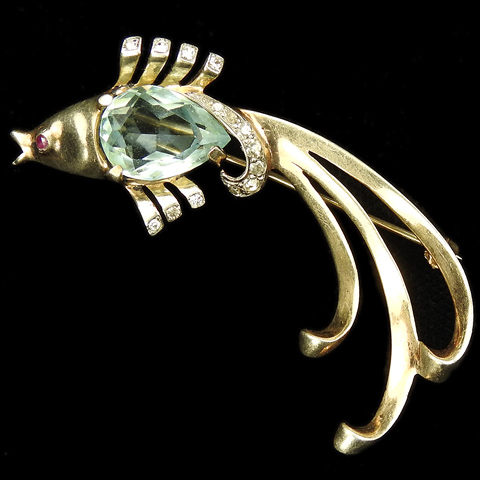 Mazer Sterling Gold Pave and Aquamarine Belly Fantail Goldfish Fish Pin