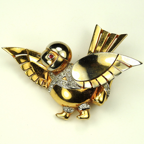 Mazer WW2 US Patriotic Gold and Pave Carrier Pigeon Bird with Message Pouch Flying Helmet and Boots Pin