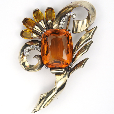 Mazer Sterling Citrine and Topaz Deco Swirl Pin