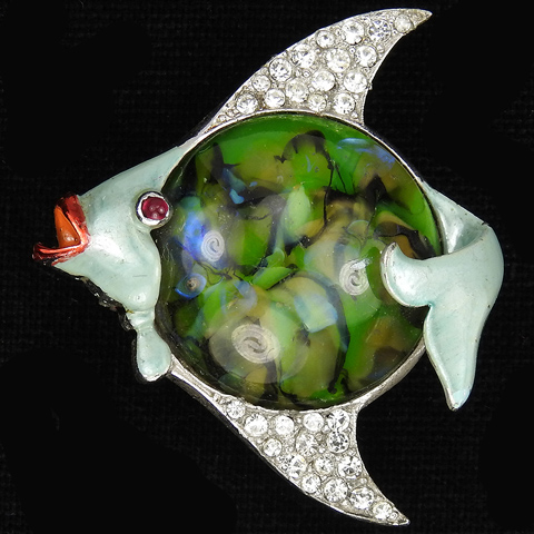 Mazer Pave Enamel and Marbled Green Agate Angel Fish Pin Clip