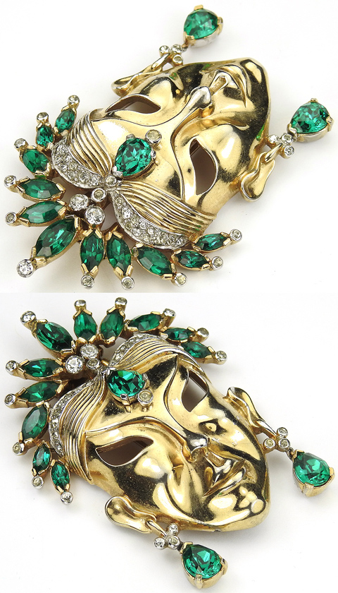 Mazer Gold Pave and Emeralds Face Mask with Pendant Earrings Pin Clip