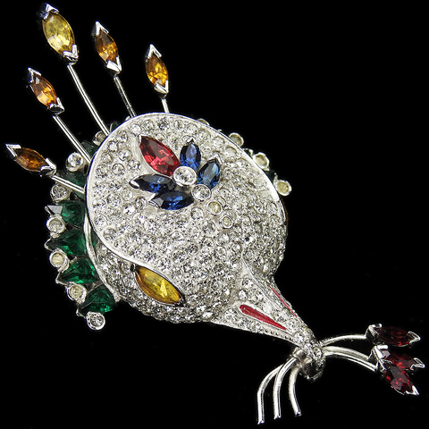 Mazer Pave Emerald Citrine and Ruby Peacock Bird's Head Holding a Triple Branch in its Beak Pin
