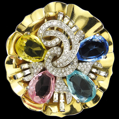 Mazer Baguette Gold and Multicolour Gems Lily Pad with Pave and Baguette Flower Swirls Pin Clip 