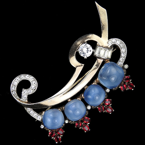 Mazer Sterling Gold Pave Baguettes and Ruby Spangled Cushion Cut Blue Moonstones Bow Swirl Leaf Pin