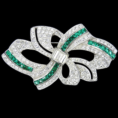 Mazer Pave Baguettes and Invisibly Set Emeralds Openwork Stylized Bow Swirls Pin