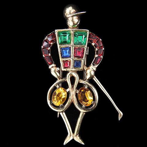 Mazer Sterling Gold and Multicolour Stones Horse Racing Jockey with Cap Riding Crop and Jodhpurs Pin Clip