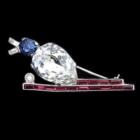 Mazer Sapphire and Diamante Quacking Duck on an Invisibly Set Ruby Lake Bird Pin