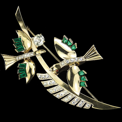 Mazer Sterling Gold Pave and Emerald Baguettes Two Birds on a Branch Pin