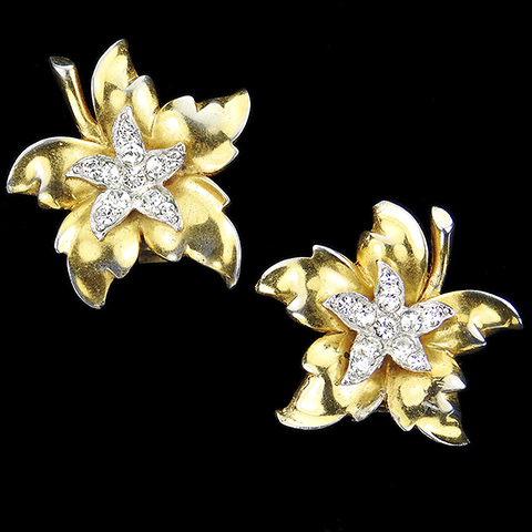 Mazer Gold and Pave Maple Leaf Clip Earrings