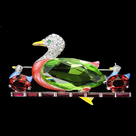 Mazer Ruby Peridot Pave and Enamel Swimming Mother Duck and Two Baby Ducks in a Row Pin