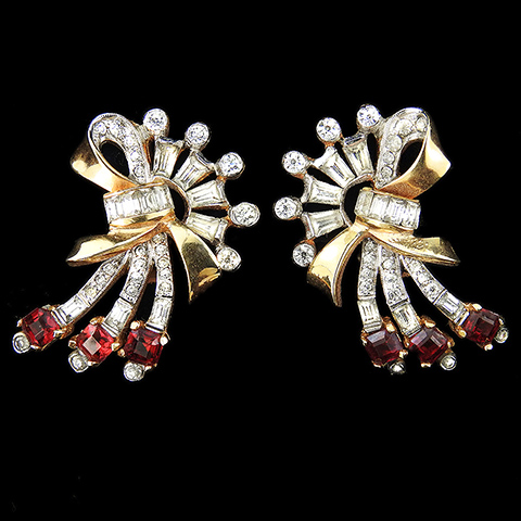 Mazer Gold Bows and Pave and Baguette Swirls with Rubies Bowknot Clip Earrings