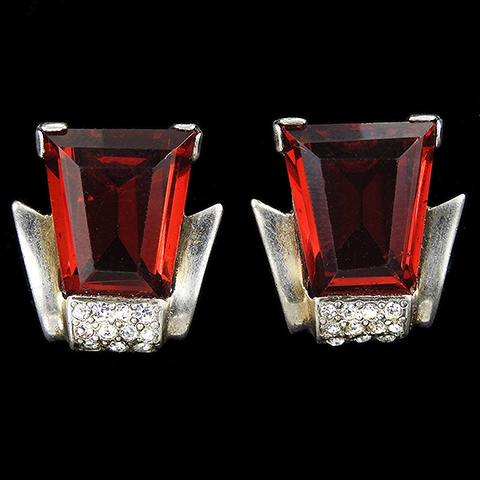 Mazer Sterling Pave and Vermeil Trapezoid Cut Rubies Deco Clip Earrings
