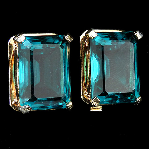 Mazer Gold and Oblong Cut Emeralds Deco Style Clip Earrings