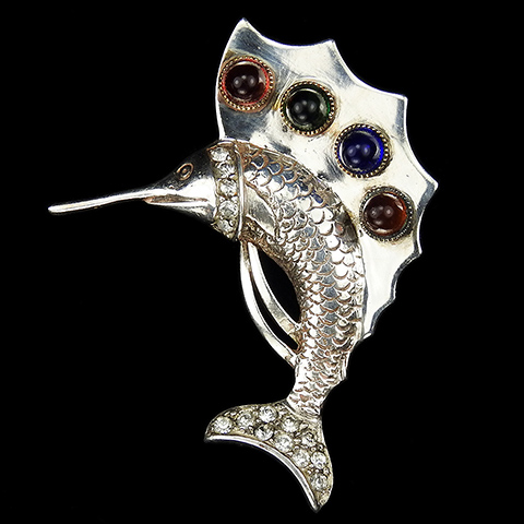 Sterling Pave and Multicolour Cabochons Leaping Swordfish or Marlin Fish Pin