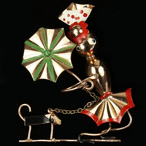 Gold and Enamel Lady with Parasol or Umbrella and Small Dog Pin